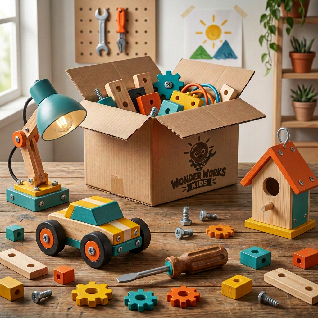 A Wonder Works Kids box surrounded by hand-built creations: a lamp, a toy car, a birdhouse and a robot